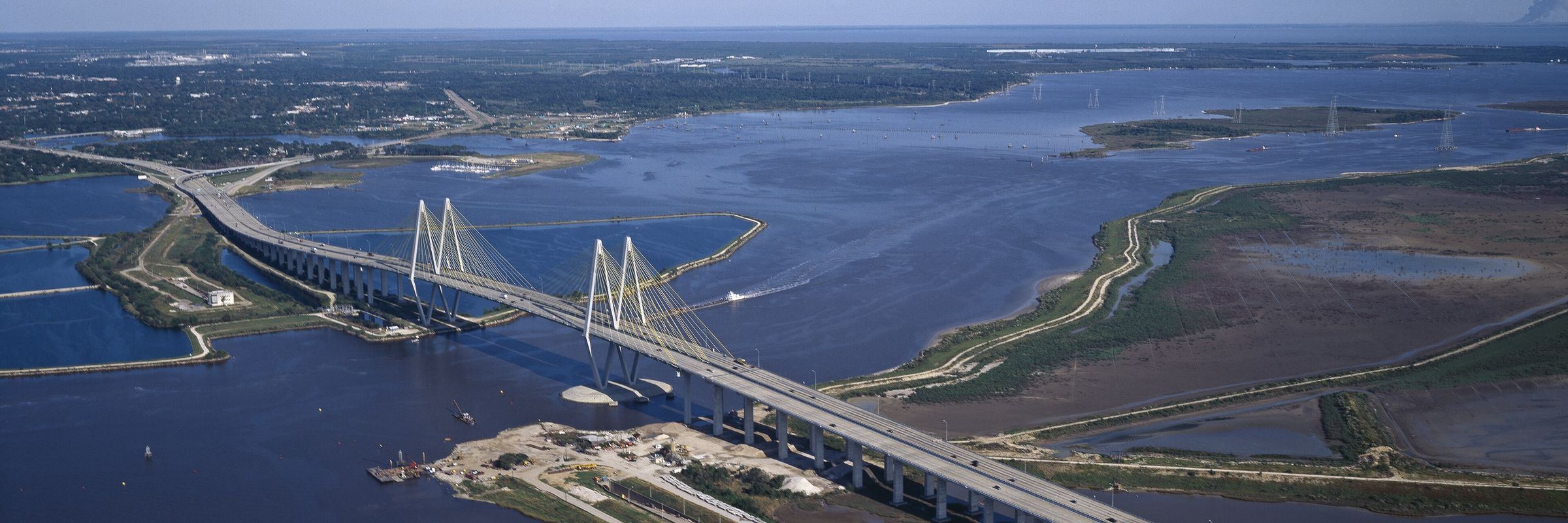 Aerial view of the Fred Hartman Bridge over the Houston Ship Channel between La Porte and Baytown